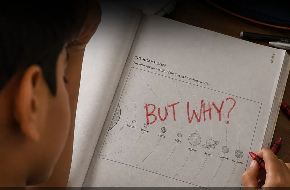 A child writing But Why across a solar system diagram in a school notebook