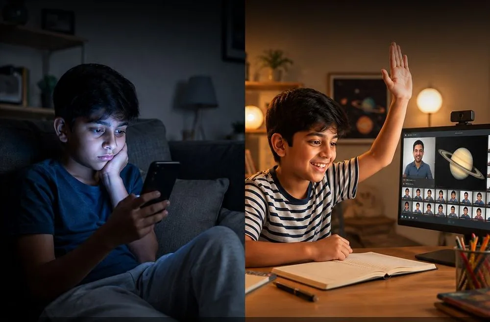 One child alone on a phone, another with a hand raised in a live class