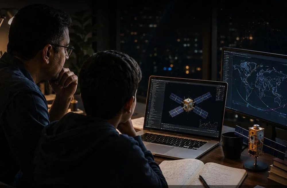 A father and son studying real satellite designs on screen