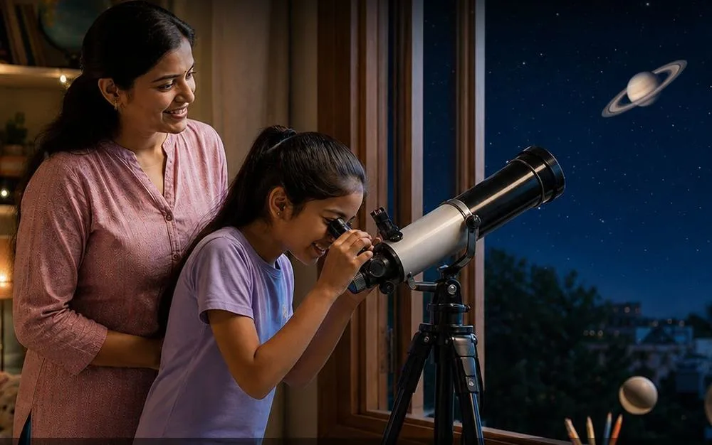 A mother beside her daughter looking through a telescope at Saturn